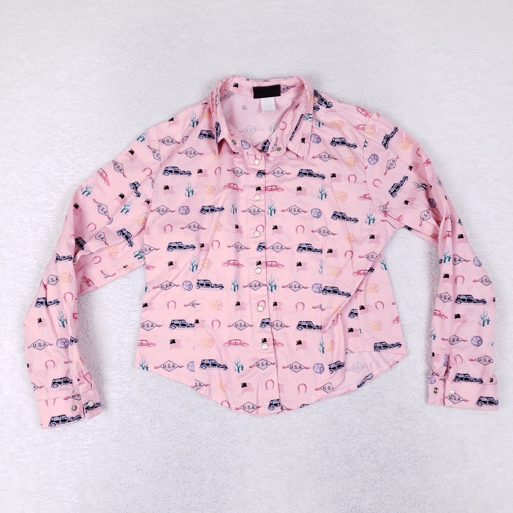 Roughrider Vintage Western Shirt Youth XL Pink Novelty Print USA Made Americana